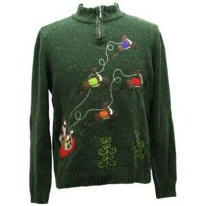 Christopher & Banks Wool Reindeer Zip Christmas Holiday Ugly Sweater XL Green